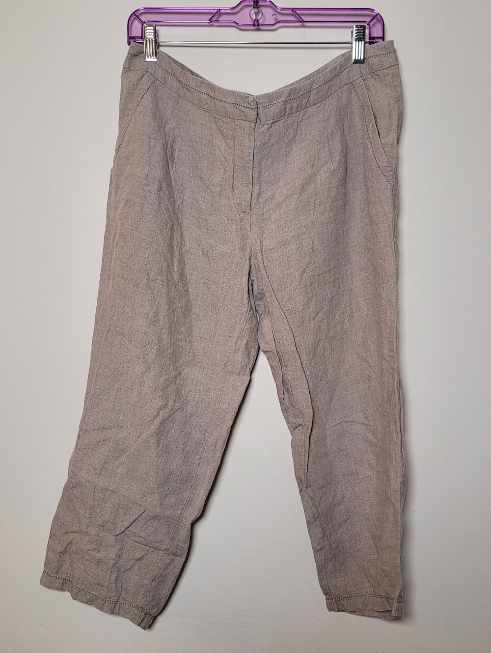 Eileen Fisher Capri Pants Size M Organic Linen Pockets Beige Lagenlook Cottage